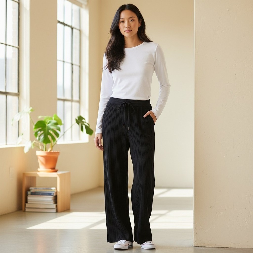 New Mix Black Pleated Wide Leg Drawstring Pants Accordion Trousers (26" Waist)